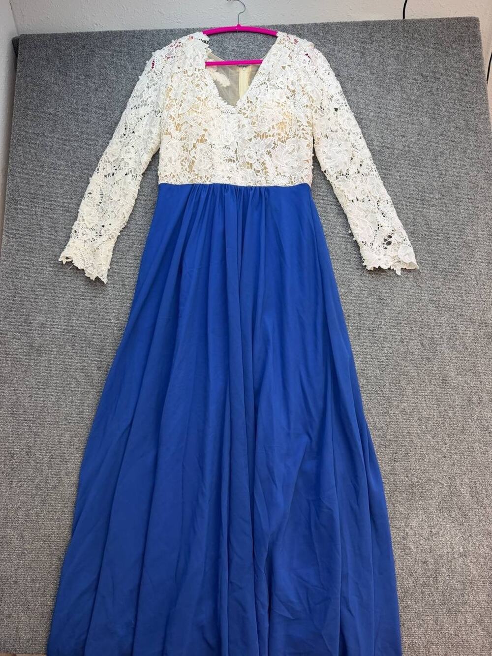 Wedding Dress Women's L Royal Blue White Lace Pearl Long Sleeve Maxi 50 in